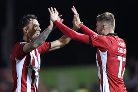 Lincoln City’s Rob Street celebrates after scoring against Chelsea.