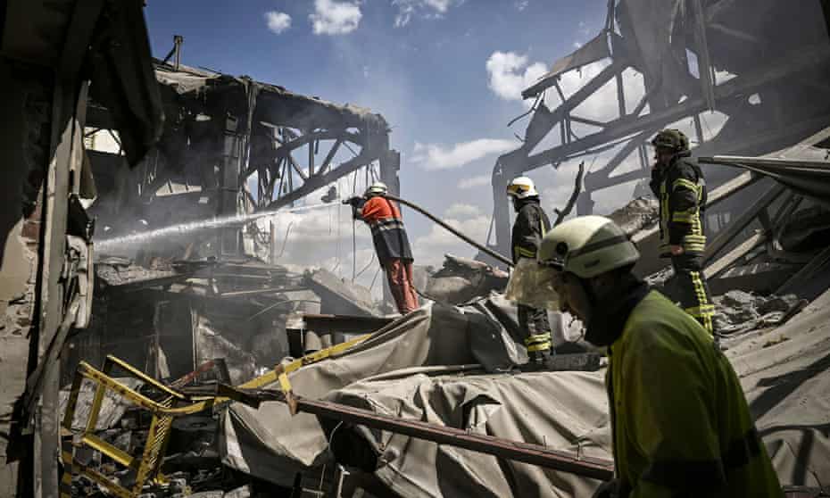 Firemen extinguish a fire at a gypsum manufacturing plant after shelling in the city of Bakhmut in Donbas on Friday.