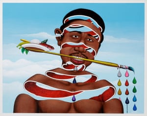 J’aime la couleur, 2004, by Chéri Samba. Chéri Samba lives and works in Kinshasa, Democratic Republic of Congo. He started out as a sign painter and also worked as a comic strip artist; when he first started making paintings he used sacking cloth as canvas was too expensive. ‘My painting is concerned with people’s lives’ he says. ‘I’m not interested in myths or beliefs. Artists must make people think.’ Since the late 1980s on, he became the main subject of his works.