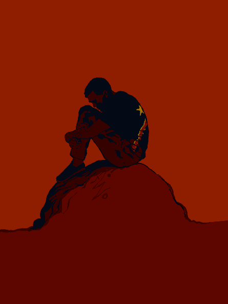 A cartoon drawing of a youth in a T-shirt that is the DRC flag sitting on a rock clutching one leg.