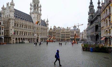 A nearly empty Grand Place in Brussels, Belgium.