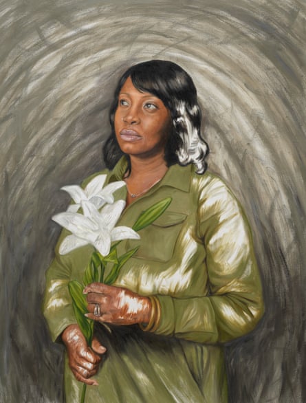 Painting of a Black woman with straight black hair and an olive dress holding white tiger lilies