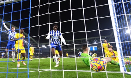 Danny Welbeck (centre) celebrates after a Joachim Andersen own goal gives Brighton a late equaliser against Crystal Palace last January.