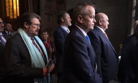 Derryn Hinch (left), Bill Shorten (second from right) and Lindsay Fox (right) leave the funeral.