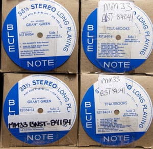 Record labels for Blue Note artists Tina Brooks and Grant Green are stored at the record pressing plant.