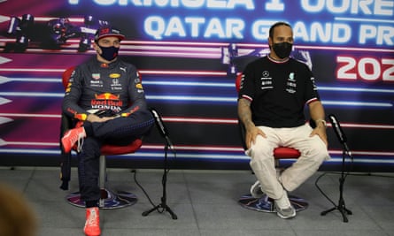 Max Verstappen and Lewis Hamilton face the media