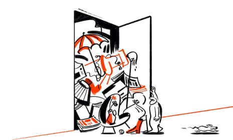 Illustration of a figure opening a cupboard and all sorts of junk spilling out
