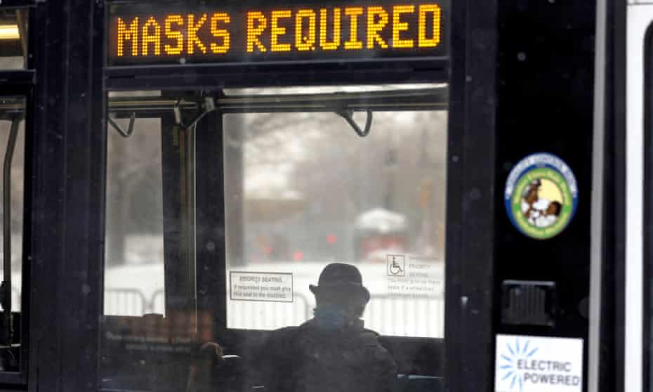 A man wears a face mask on a New York City bus, on 2 February 2021. 