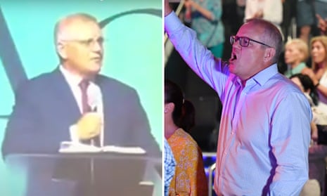 Australian prime minister Scott Morrison pictured in 2019 speaking at the Australian Christian Churches conference and attending an Easter Sunday service at his Horizon Church in Sutherland, Sydney