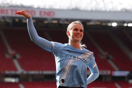Kerstin Casparij of Manchester City celebrates scoring her team’s third goal during the Barclays Women’s Super League match between Manchester United and Manchester City at Old Trafford on March 28, 2026 in Manchester, England. (Photo by Alex Livesey/Getty Images)