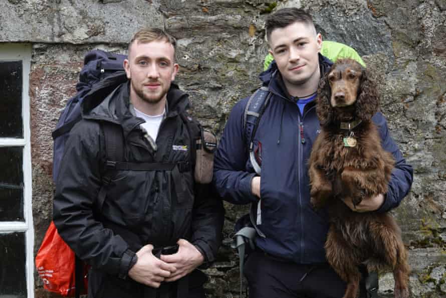 Experienced Munro bagger Dillon William Simpson, Harris Wedderburn-Scott, merchant navy officer, from the Borders with Bentley the spaniel astatine  Lairig Leacach Bothy