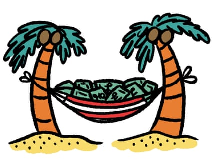 A hammock between two palm trees is full of money