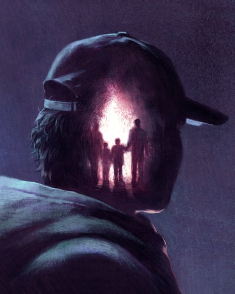 Back view of a person, with a scene inside their head showing silhouettes of a family walking together