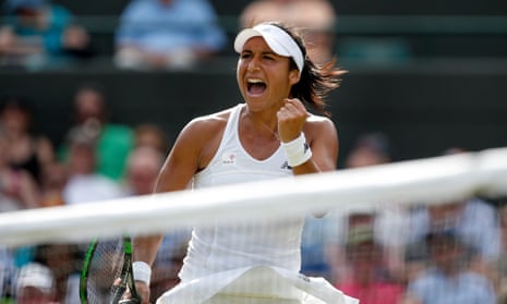 Heather Watson celebrates during the second set of her victory on Court One.