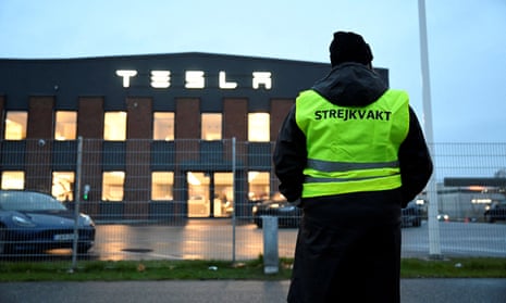 IF Metall worker Emma Hansson on strike outside Tesla's service center in Segeltorp, Sweden, 27 October 2023