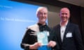 David Almond,  winner of the Children's Fiction Prize 2015, with last year's winner Piers Torday