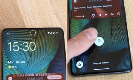A composite image showing the face recognition and fingerprint scanner of the Pixel 7 Pro in action.