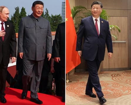 Composite image of Xi Jinping in a Mao suit this week and in a western suit at the G20 summit n Rio de Janeiro in 2024