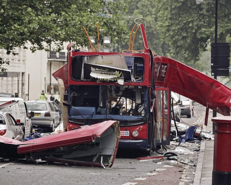 A double decker bus whose upper floor was destroyed in the July 7 attacks.