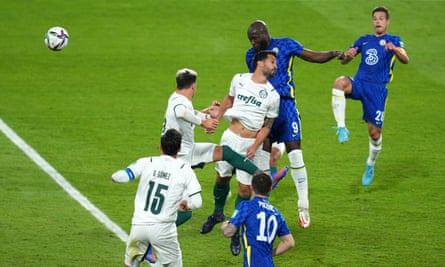 Romelu Lukaku heads home the opening goal in the Club World Cup final against Palmeiras.