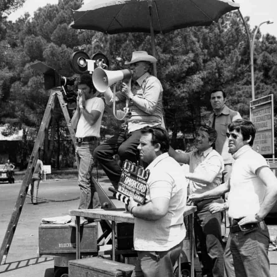 Fellini, with megaphone, directing Amarcord.