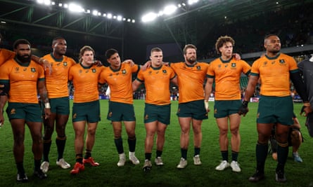 The Wallabies after victory over Portugal at Stade Geoffroy-Guichard.