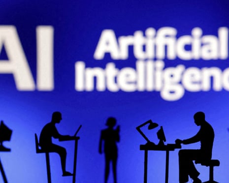 an illustration of people working on computers amid big white signs saying AI and artificoal intelligence.
