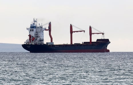 A US flagged cargo vessel carrying aid to a pier built by the US off Gaza sets sail from Larnaca, Cyprus, on Thursday.