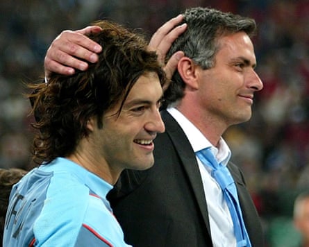 José Mourinho (right) and Vitor Baía congratulate one another after winning the 2004 Champions League.