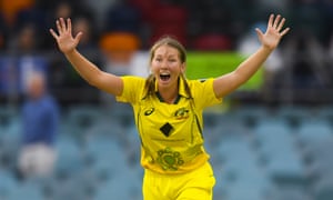 Darcie Brown of Australia celebrates after dismissing Heather Knight of England for a golden duck.