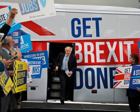 Britain’s then prime minister Boris Johnson addresses his supporters prior to boarding his general election campaign trail bus in Manchester, England in late 2019.