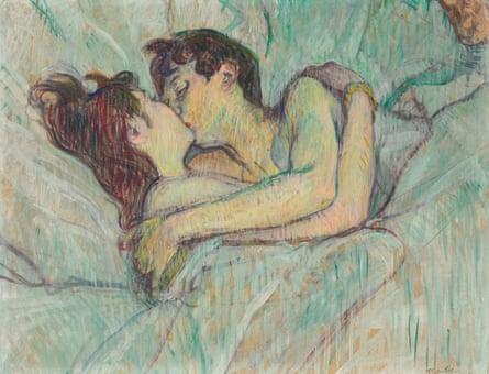 painting of two people in bed kissing