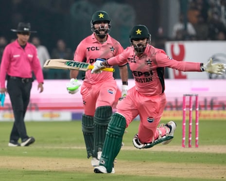 Shadab Khan and Haris Rauf celebrate after PakistanâÂÂs stunning win against England.