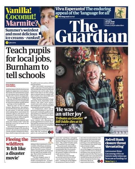 Front page of the Guardian 28 July 2026