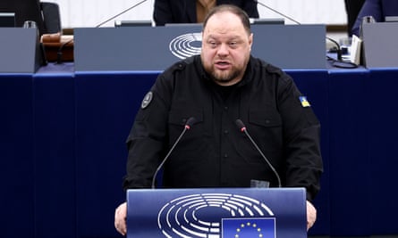 Ruslan Stefanchuk speaking at a lectern with the European Parliament logo on it