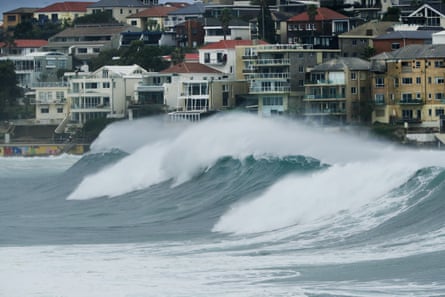 Large waves are seen during a huge swell at Bondi Beach in Sydney on Saturday.