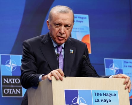 Recep Tayyip Erdoğan speaks last year’s at the Nato summit in The Hague.