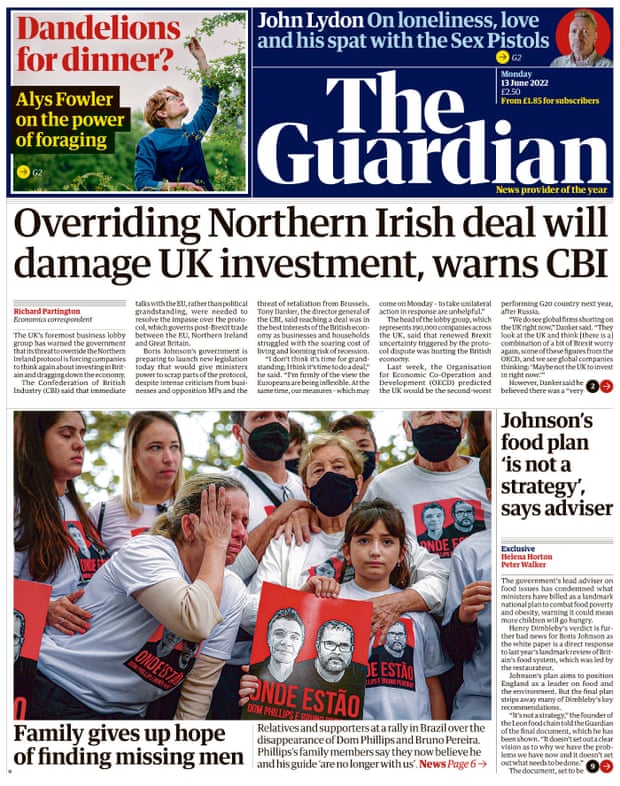 Guardian front page 13 June 2022