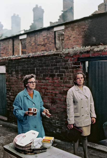Local women standing near their burned-out homes, Bombay Street, West Belfast, Northern Ireland, 1969.