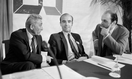 Alain Juppe (C), deputy mayor in charge of Finances of Paris, Bernard Pons (L), general secretary of RPR and Jacques Toubon (R) MP of Paris, attend the central committee, on July 7, 1984, in Paris.