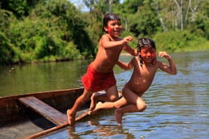 Children playing in the Ipixuna river at an Araweté village called Juruanty.