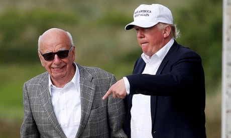 FILE PHOTO: Republican presidential candidate Donald Trump speaks to media mogul Rupert Murdoch as they walk out of Trump International Golf Links in Aberdeen<br>FILE PHOTO: Donald Trump speaks to media mogul Rupert Murdoch as they walk out of Trump International Golf Links in Aberdeen, Scotland, June 25, 2016. REUTERS/Carlo Allegri/File Photo