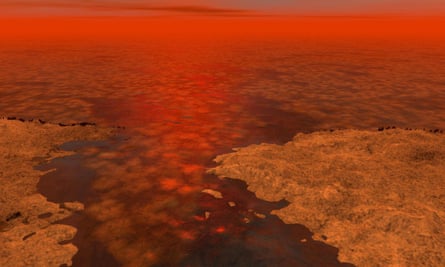 An artist’s impression of a liquid hydrocarbon sea on Saturn’s moon Titan, a promising hunting ground for life in our solar system.