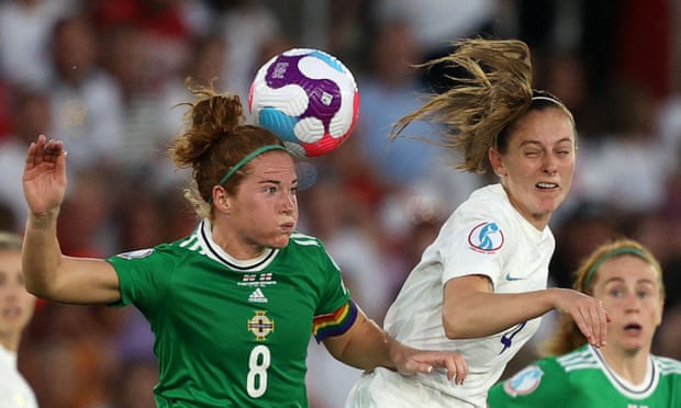 Northern Ireland’s Marissa Callaghan and England’s Keira Walsh vie for a header.