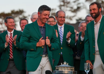 Rory McIlroy reacts after being awarded the Green Jacket at the 2025 Masters.