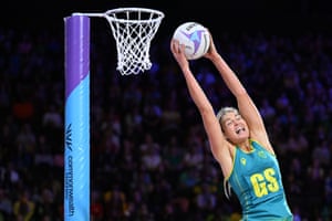 Gretel Bueta, of the Australian women’s netball team, reaches to score during the defeat by Jamaica.