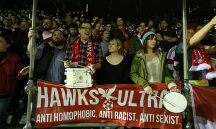 The Hawks Ultras in the stands during Whitehawk FC’s FA Cup second-round replay against Dagenham &amp; Redbridge in December 2015.