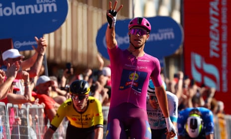 Jonathan Milan celebrates his third stage victory in the Giro d'Italia.