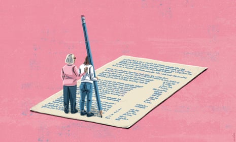 Illustration of two figures on a giant piece of paper with writing on it. One is holding a giant pencil. On a pink background