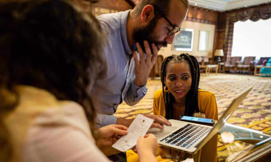 Gambian activist Jaha Dukureh with Syrian journalist Abdalaziz Alhamza and African Union envoy Aya Chebbi